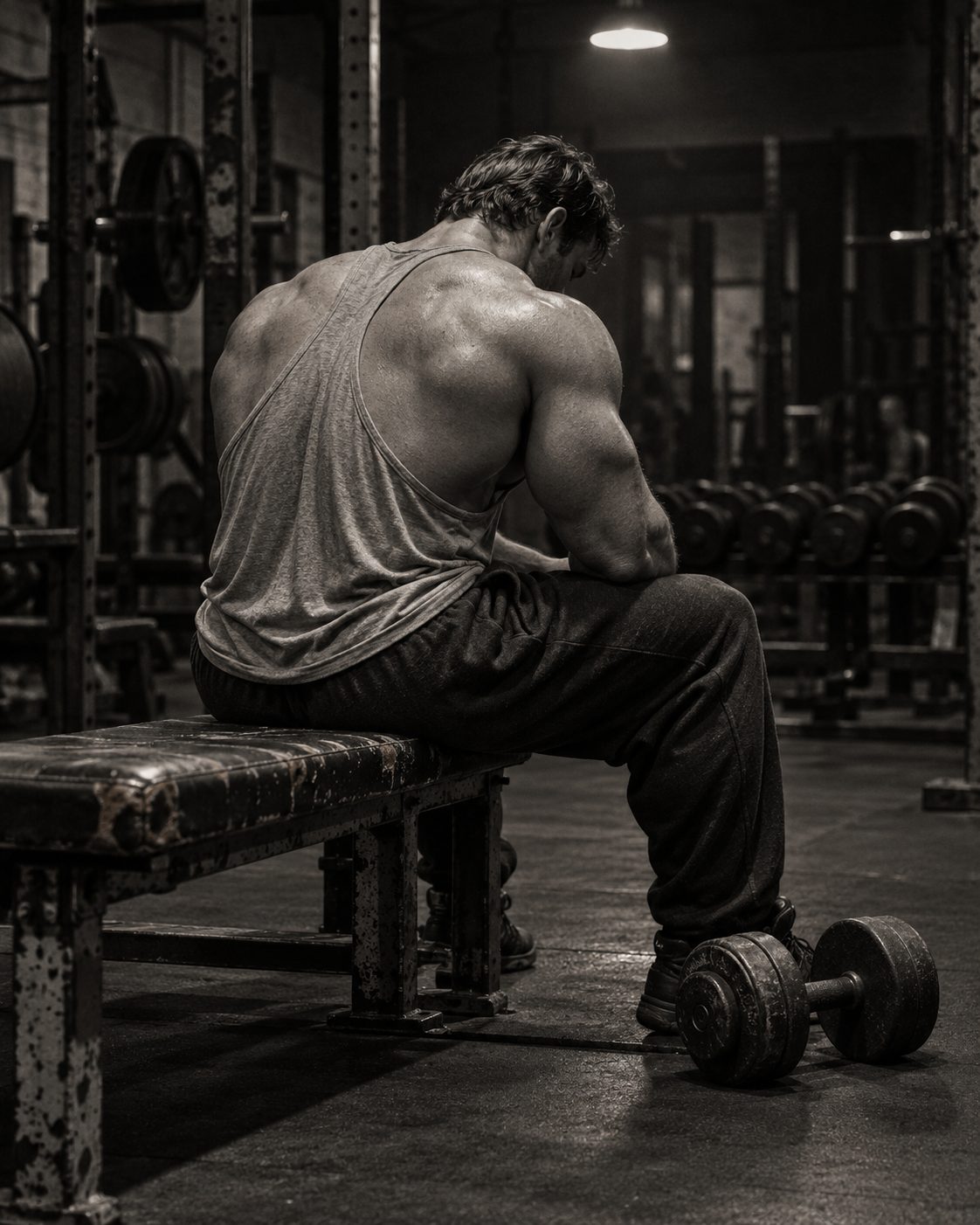 A muscular lifter in a worn tank top sits on a battered bench between sets, head down, a dumbbell at his feet in a dim old-school gym.