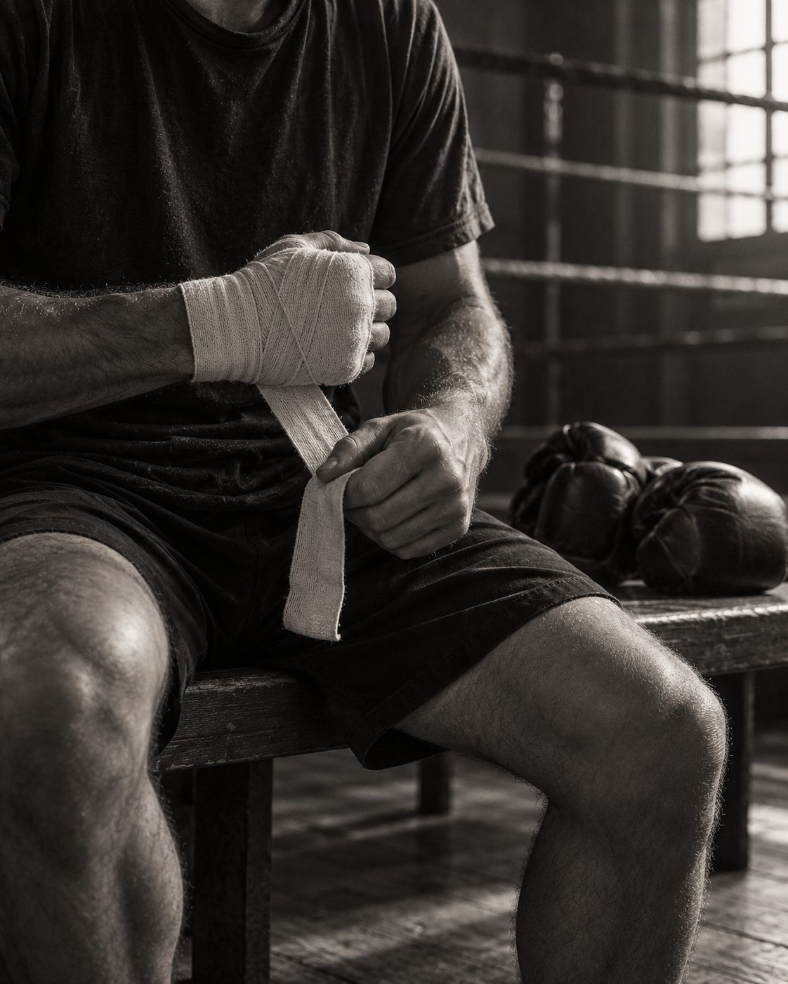 A fighter seated on a bench beside the ring wraps his hands before training, gloves resting next to him.