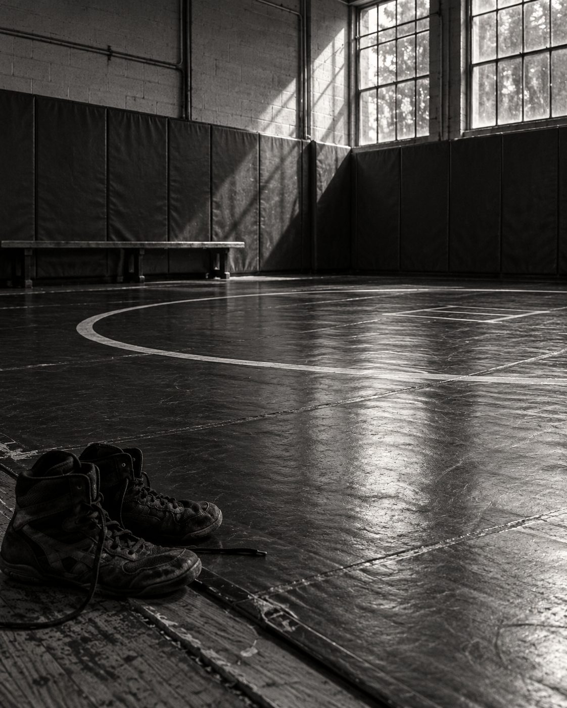 An empty wrestling room at dawn, light falling across the mat, a pair of worn wrestling shoes at the edge.
